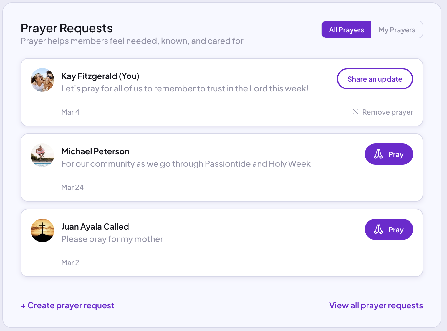 Prayer on Called's New Home Dashboard